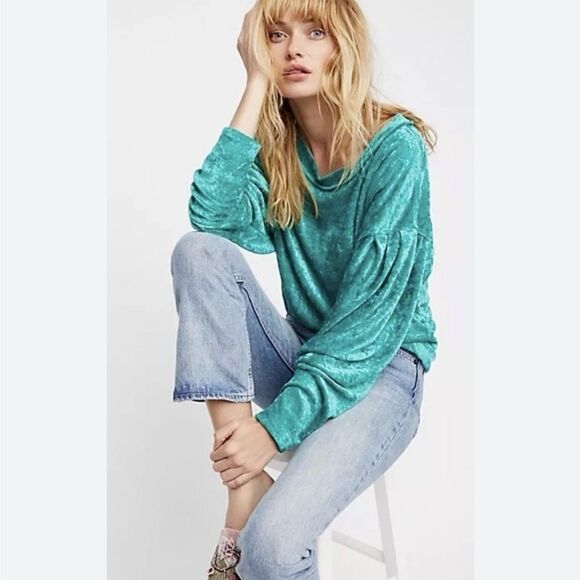 Free people Milan Sea crushed velvet emerald Green baggy sleeve drape top - Picture 1 of 8